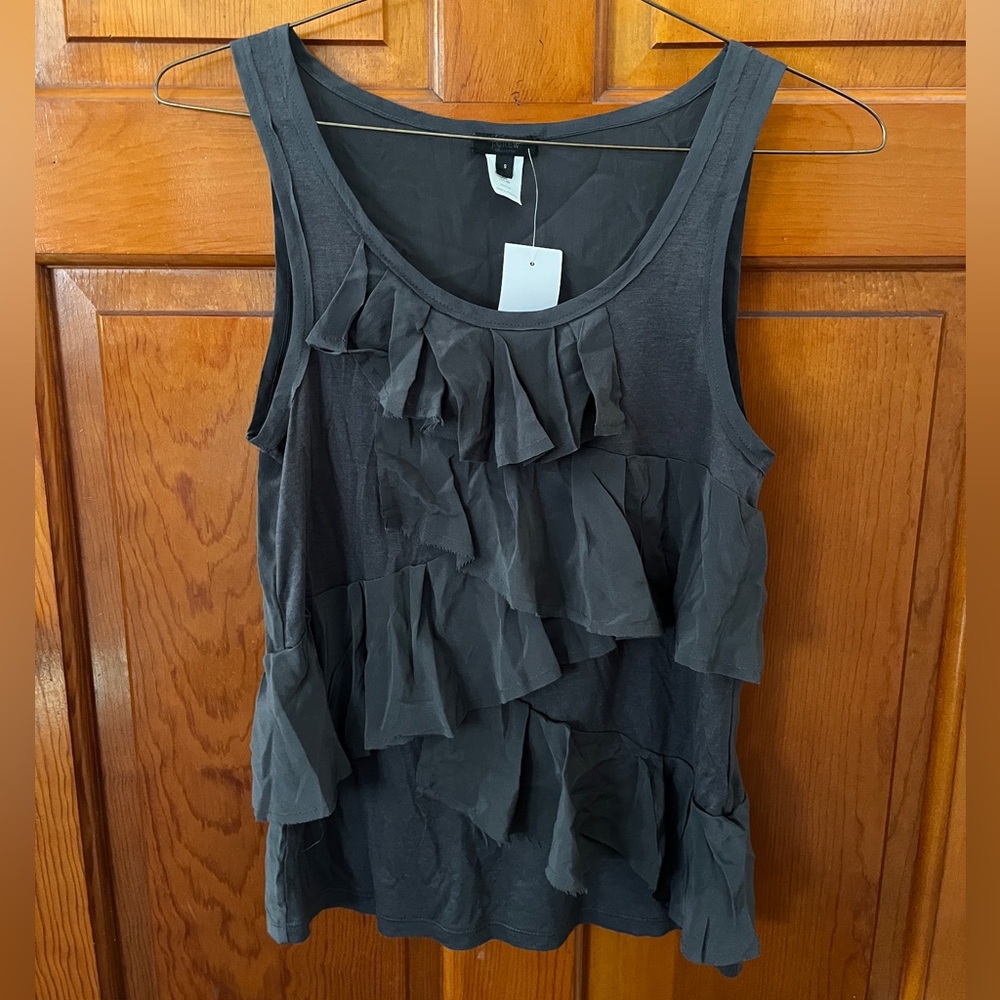 J.Crew Tank Top Womens Small Charcoal Grey Silk Blend Ruffle Scoop Neck NWT